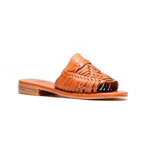 Luxe Peep-Toe Walnut Woven Slide