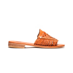 Luxe Peep-Toe Walnut Woven Slide